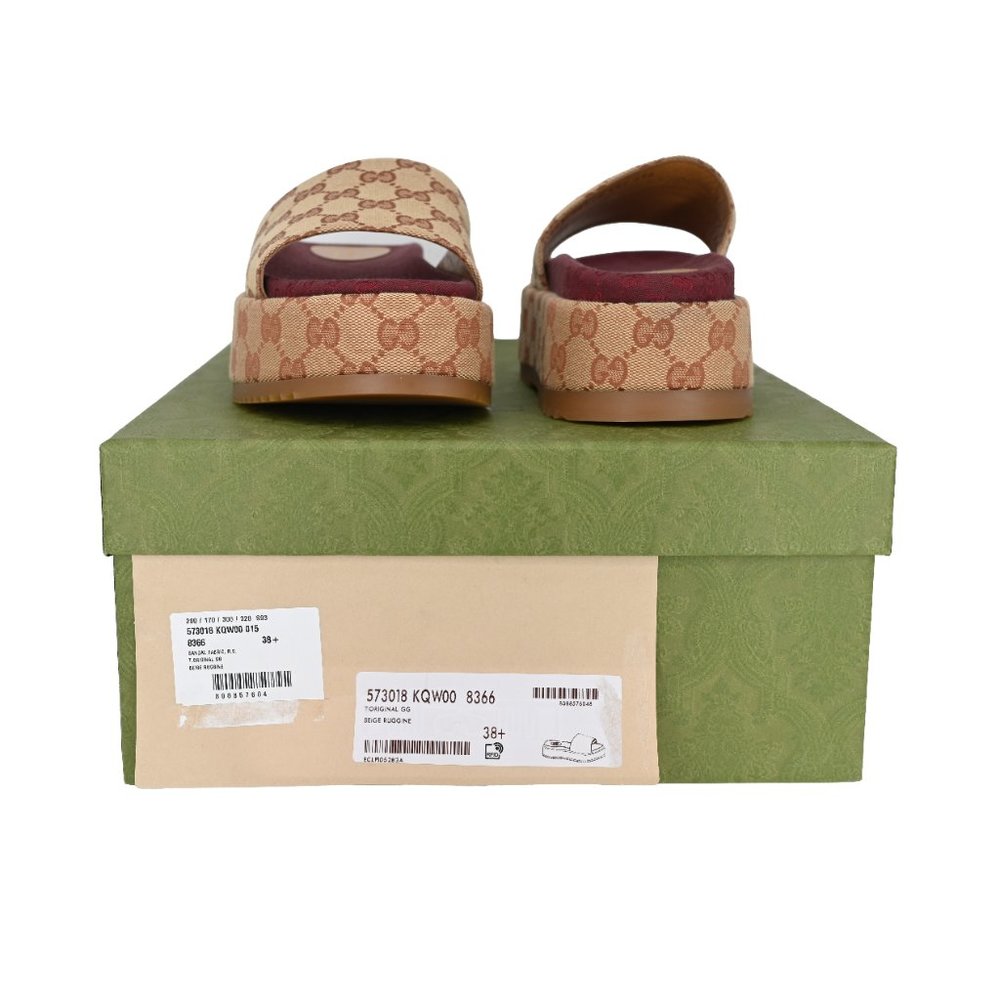 Gucci Beige Monogram Platform Slide Sandals with Burgundy Insole - Picture 5 of 16